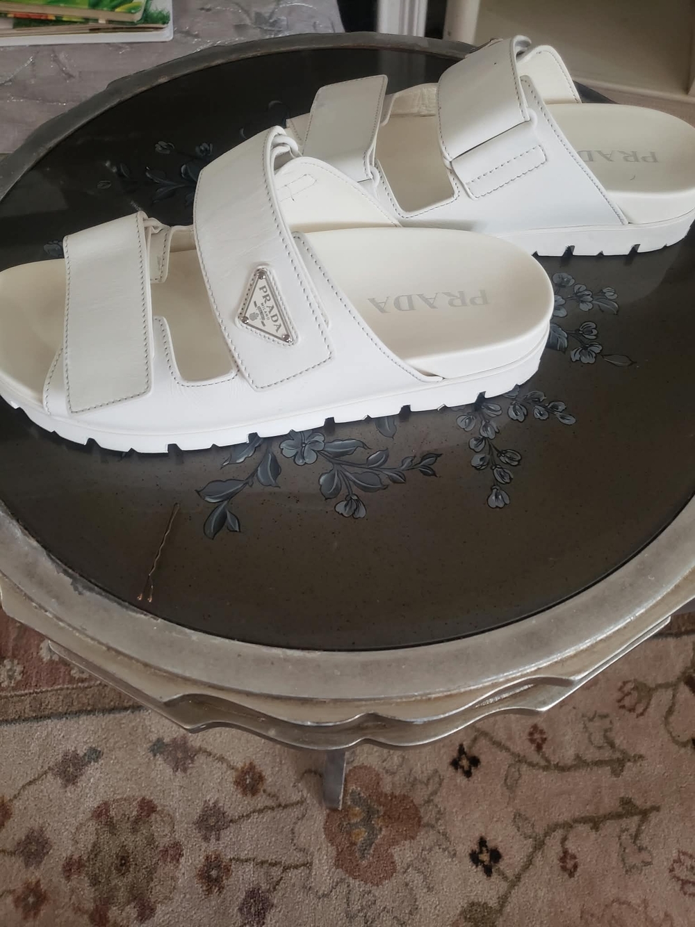 Prada White Dual-Strap Velcro Slide Sandals